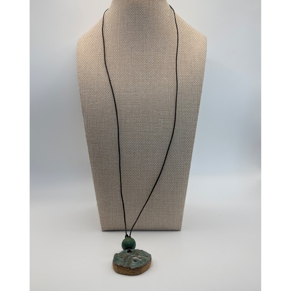 Artisan Ceramic Pendant Necklace Teal Blue Geometric Pottery Black‎ Cord Boho